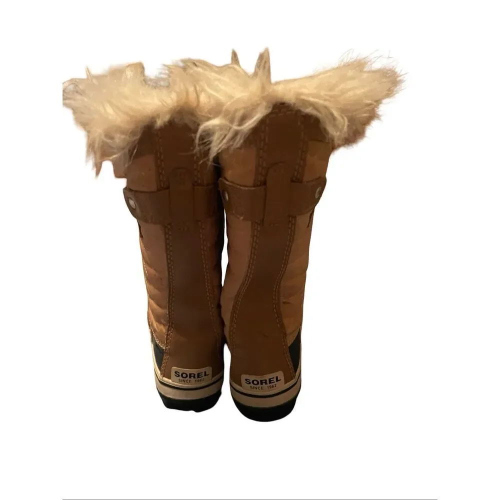 Sorel Tofino II Kids Girls Tan Black Faux Fur Waterproof Winter Snow Boot Size 2